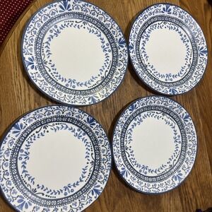 CORELLE VITRELLE PORTOFINO WHITE / BLUE 10 1/4" DINNER PLATES SET OF 4